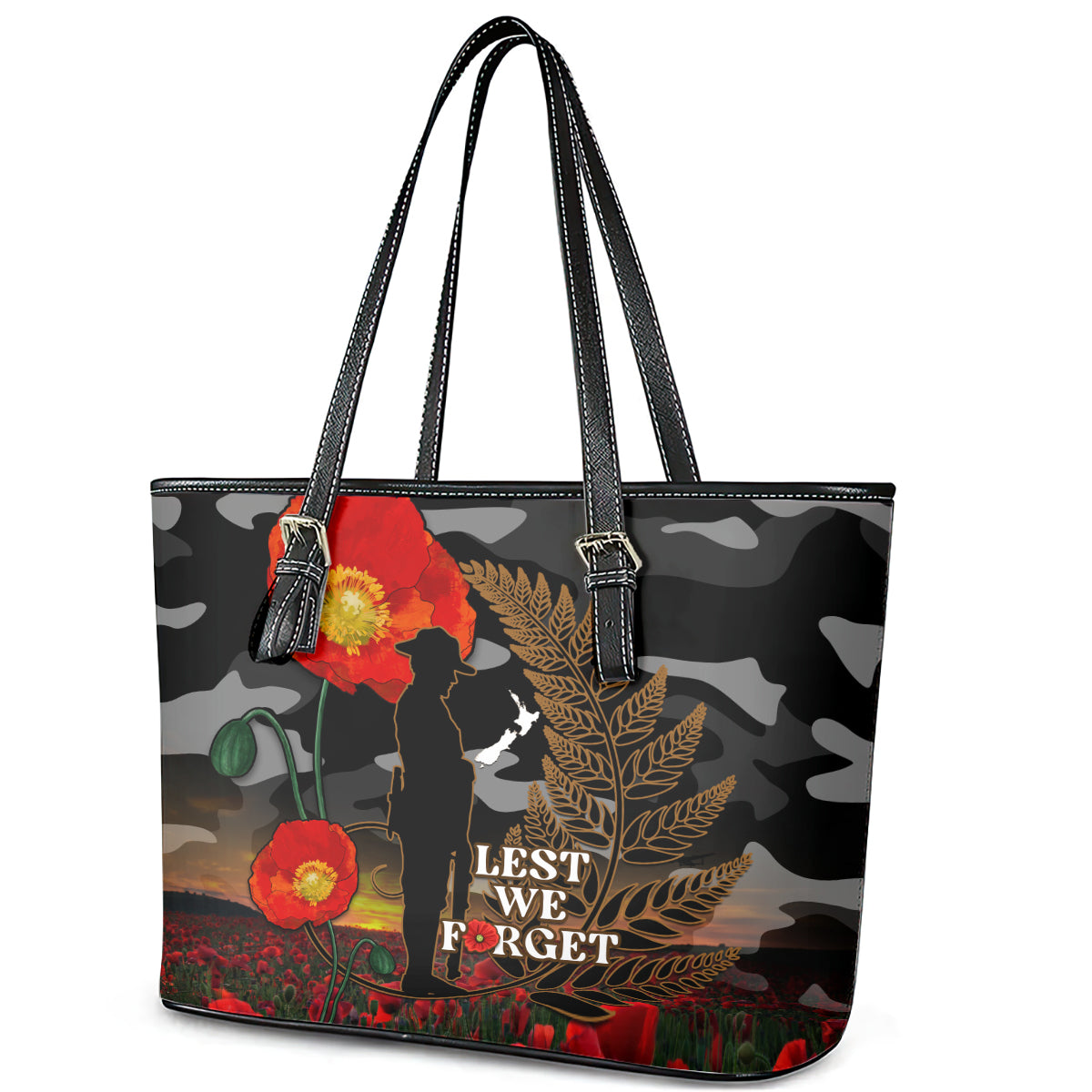 New Zealand ANZAC Day Leather Tote Bag Lest We Forget Silver Fern With Camouflage LT14 - Polynesian Pride