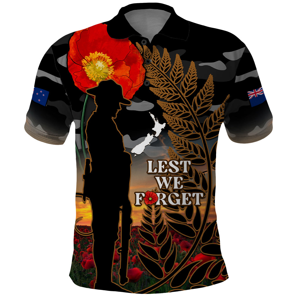 New Zealand ANZAC Day Polo Shirt Lest We Forget Silver Fern With Camouflage LT14 Black - Polynesian Pride