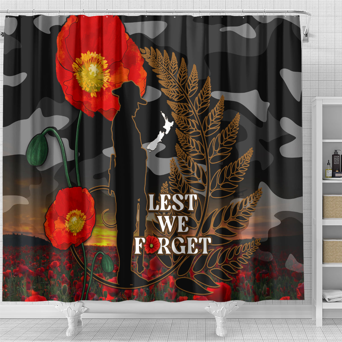New Zealand ANZAC Day Shower Curtain Lest We Forget Silver Fern With Camouflage LT14 - Polynesian Pride