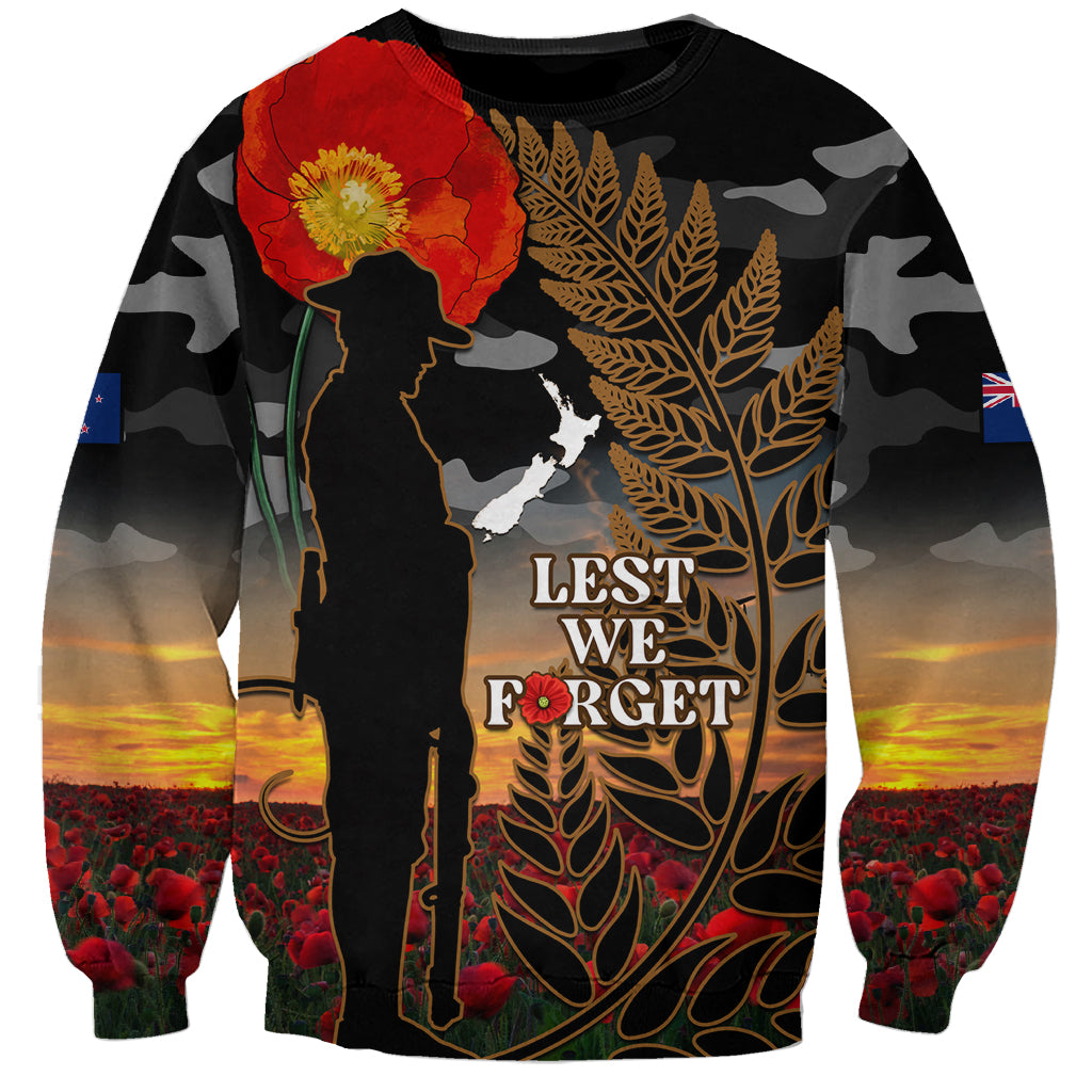 New Zealand ANZAC Day Sweatshirt Lest We Forget Silver Fern With Camouflage LT14 Unisex Black - Polynesian Pride