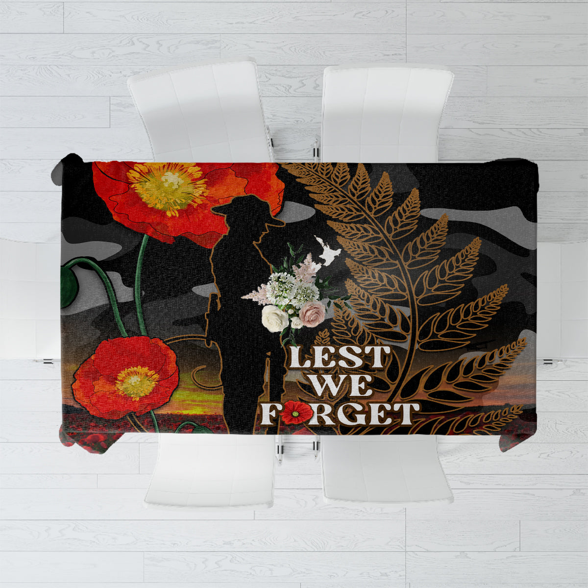 New Zealand ANZAC Day Tablecloth Lest We Forget Silver Fern With Camouflage LT14 Black - Polynesian Pride