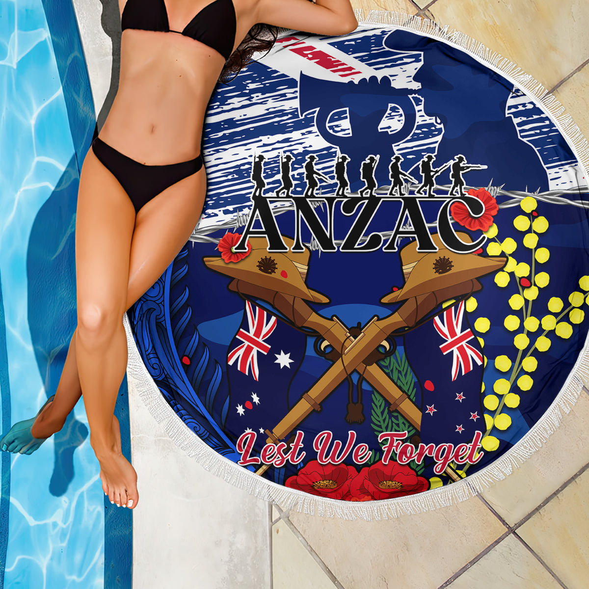 Australia And New Zealand ANZAC Day Beach Blanket Lest We Forget Silver Fern With Golden Wattle LT14 - Polynesian Pride