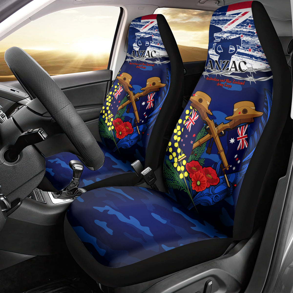 Australia And New Zealand ANZAC Day Car Seat Cover Lest We Forget Silver Fern With Golden Wattle LT14 - Polynesian Pride