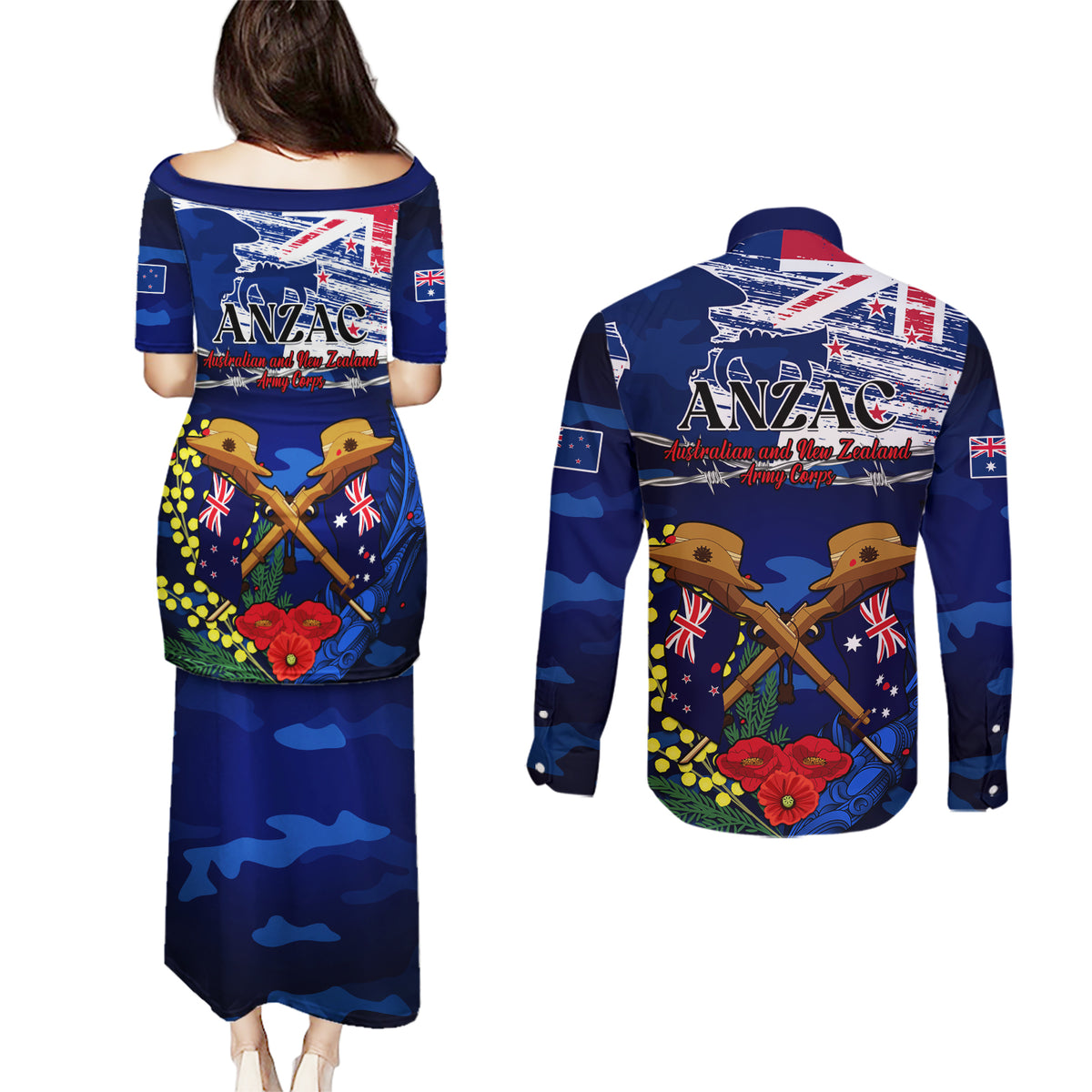 Australia And New Zealand ANZAC Day Couples Matching Puletasi Dress and Long Sleeve Button Shirt Lest We Forget Silver Fern With Golden Wattle LT14 - Polynesian Pride