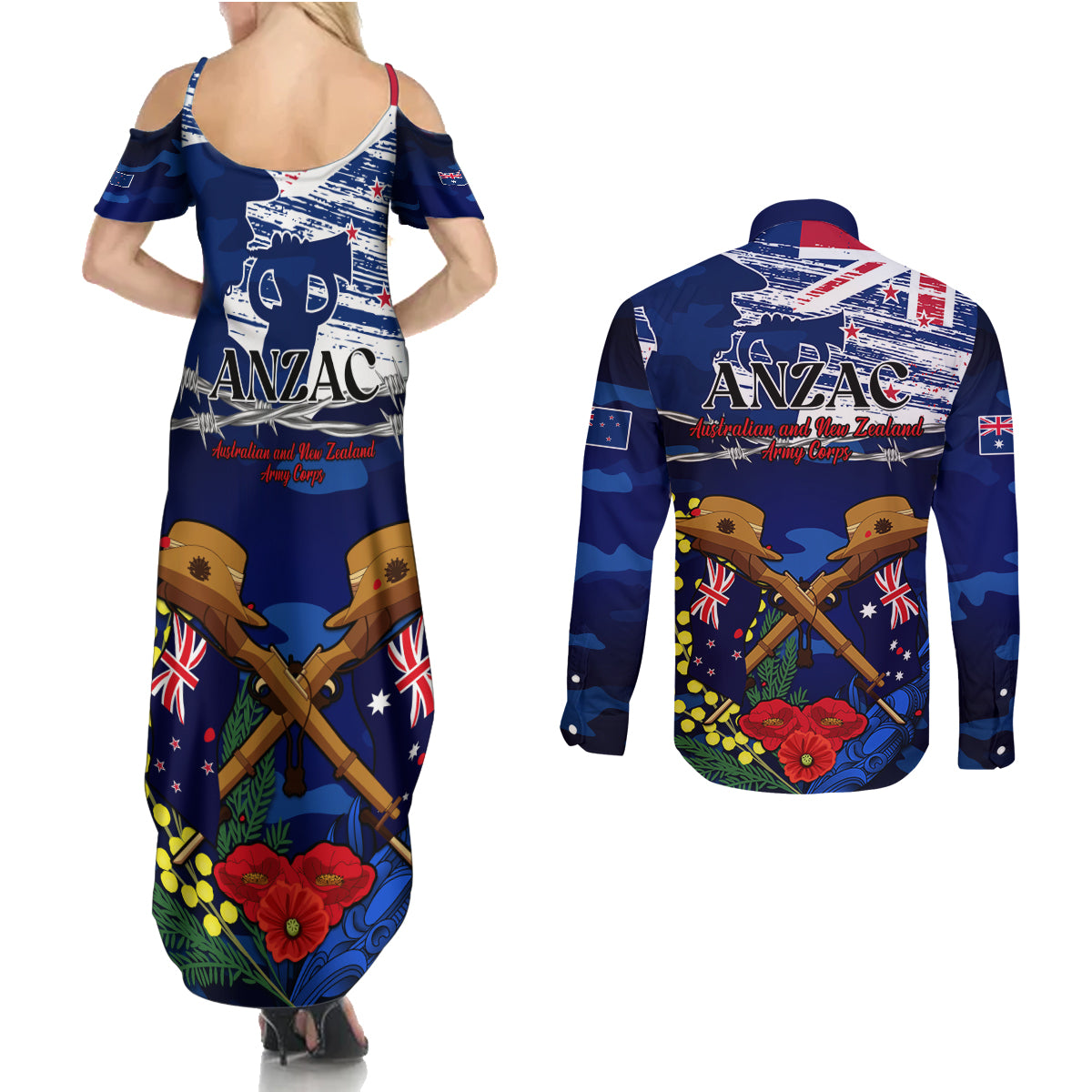 Australia And New Zealand ANZAC Day Couples Matching Summer Maxi Dress and Long Sleeve Button Shirt Lest We Forget Silver Fern With Golden Wattle LT14 - Polynesian Pride