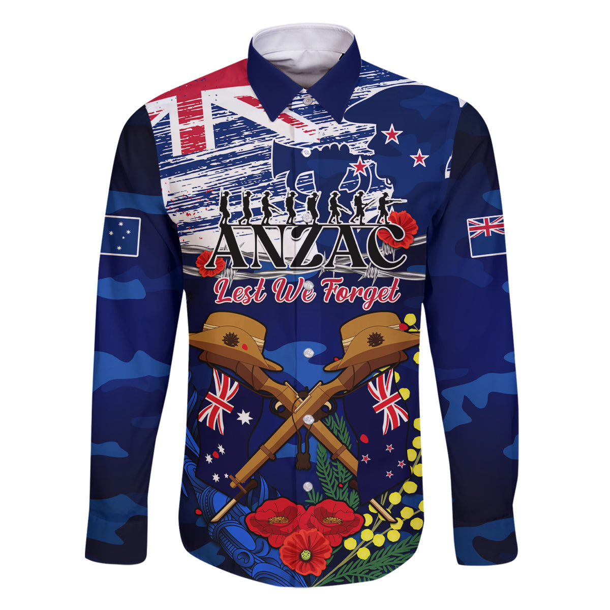 Australia And New Zealand ANZAC Day Family Matching Long Sleeve Bodycon Dress and Hawaiian Shirt Lest We Forget Silver Fern With Golden Wattle LT14 Dad's Shirt - Long Sleeve Blue - Polynesian Pride
