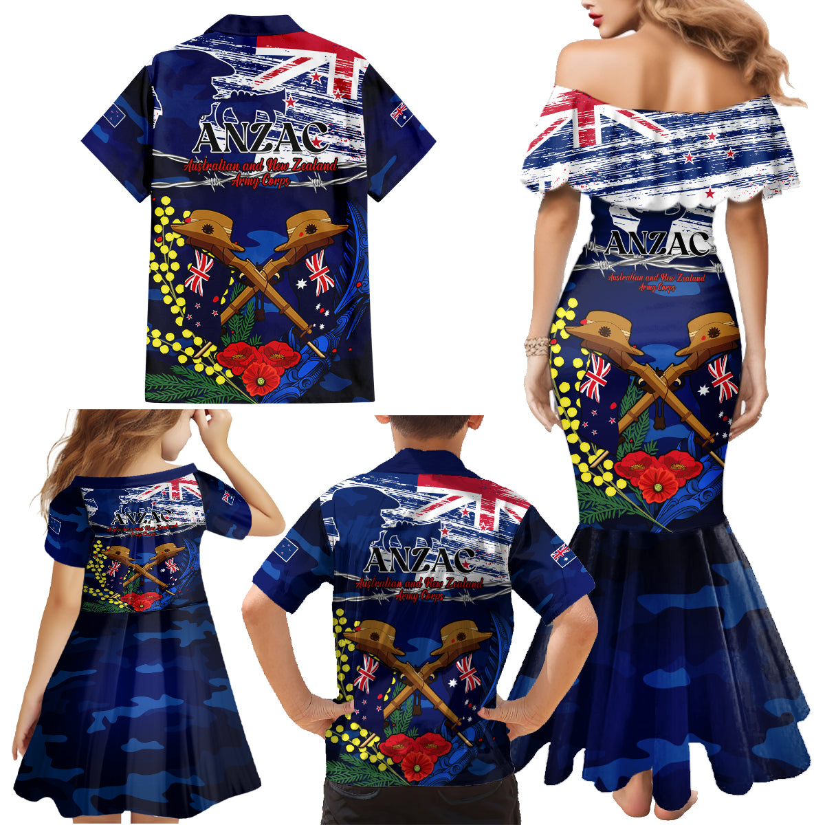 Australia And New Zealand ANZAC Day Family Matching Mermaid Dress and Hawaiian Shirt Lest We Forget Silver Fern With Golden Wattle LT14 - Polynesian Pride