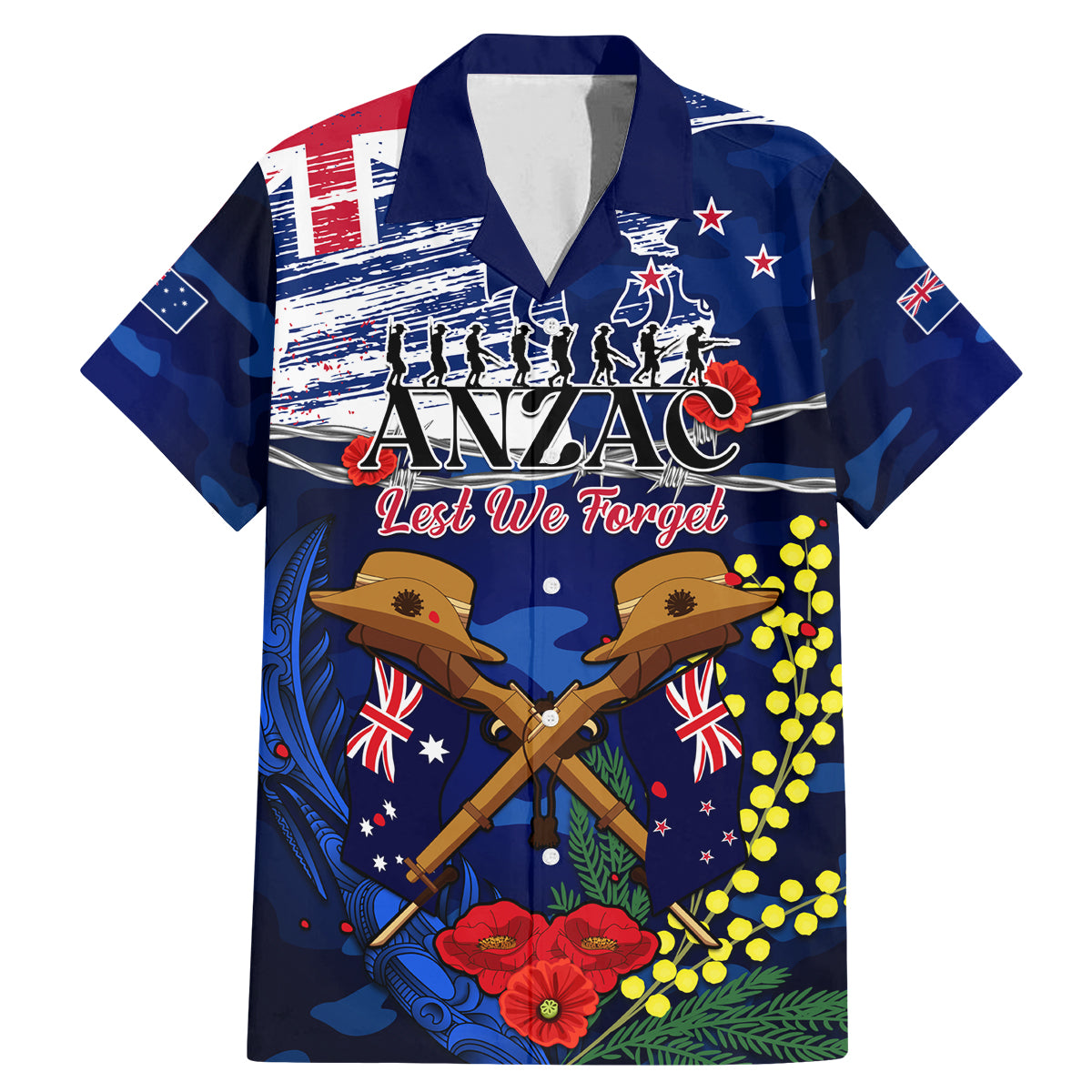 Australia And New Zealand ANZAC Day Family Matching Mermaid Dress and Hawaiian Shirt Lest We Forget Silver Fern With Golden Wattle LT14 Dad's Shirt - Short Sleeve Blue - Polynesian Pride