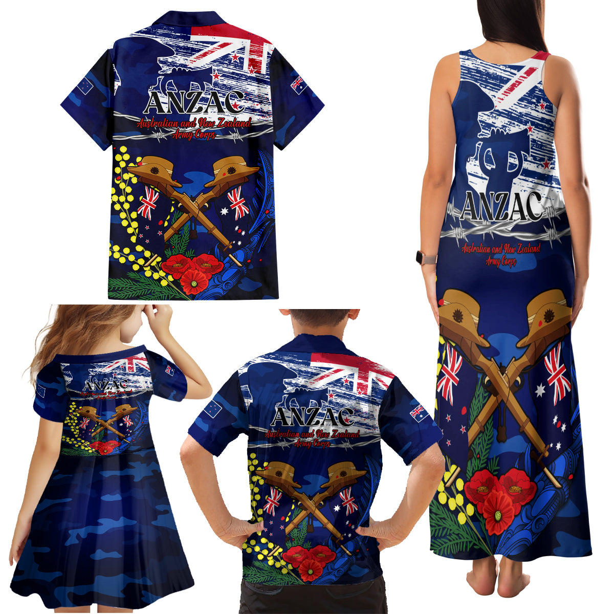 Australia And New Zealand ANZAC Day Family Matching Tank Maxi Dress and Hawaiian Shirt Lest We Forget Silver Fern With Golden Wattle LT14 - Polynesian Pride