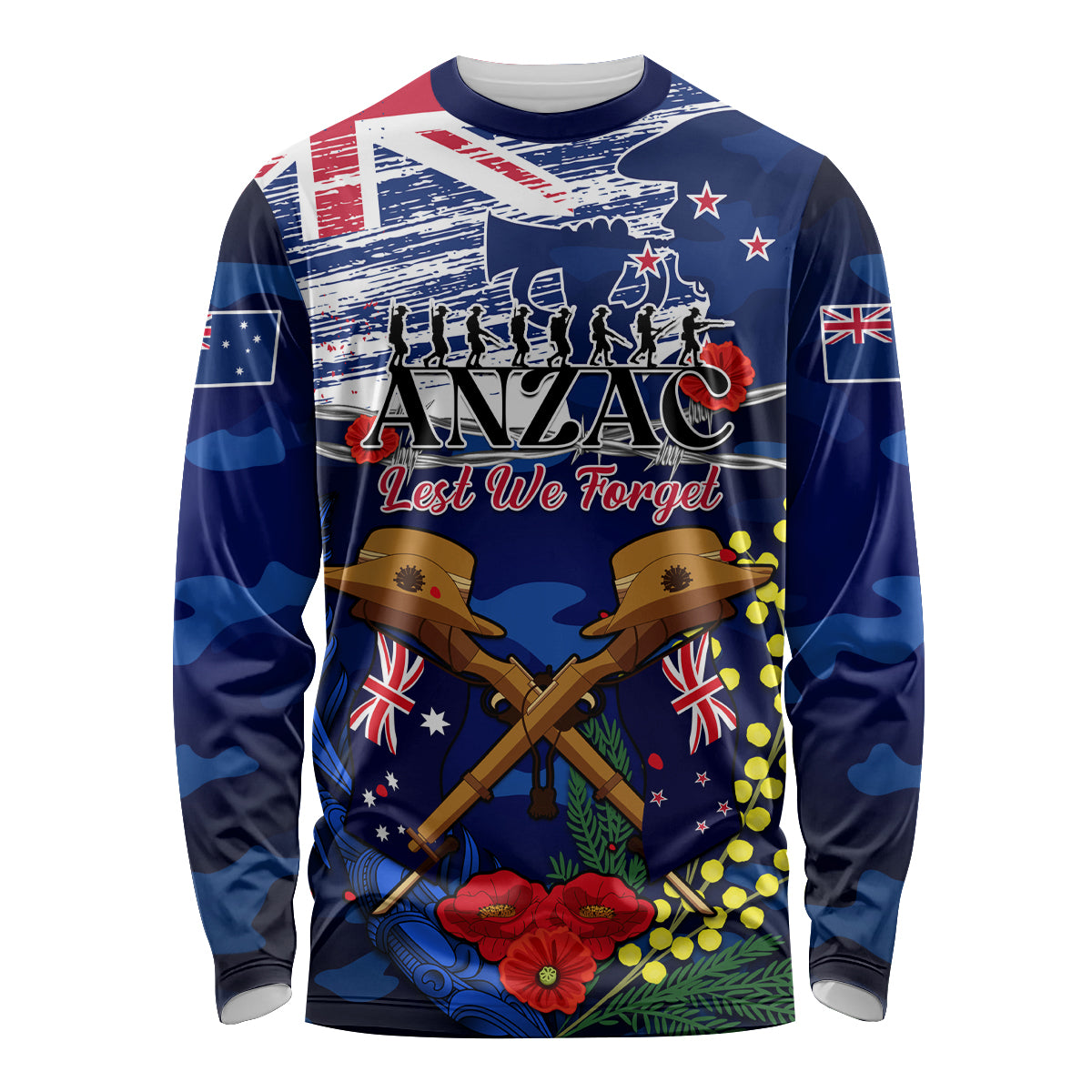 Australia And New Zealand ANZAC Day Long Sleeve Shirt Lest We Forget Silver Fern With Golden Wattle LT14 Unisex Blue - Polynesian Pride