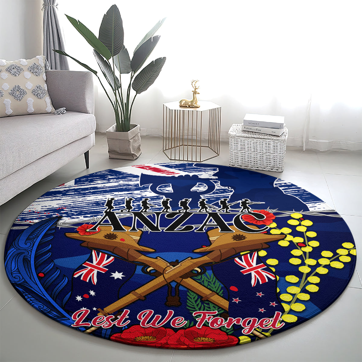 Australia And New Zealand ANZAC Day Round Carpet Lest We Forget Silver Fern With Golden Wattle LT14 - Polynesian Pride