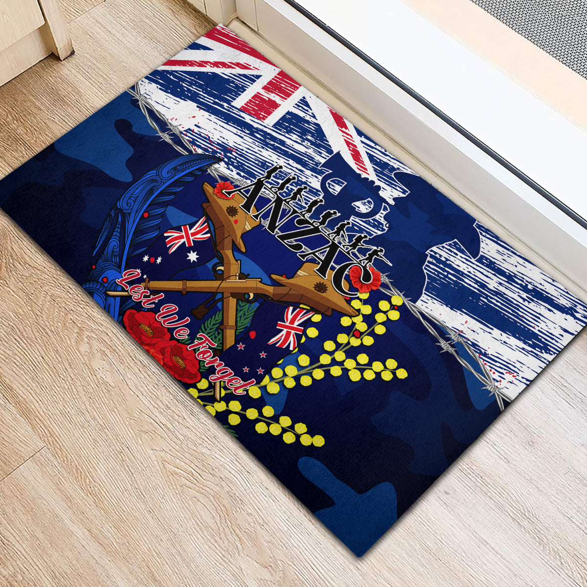 Australia And New Zealand ANZAC Day Rubber Doormat Lest We Forget Silver Fern With Golden Wattle LT14 - Polynesian Pride