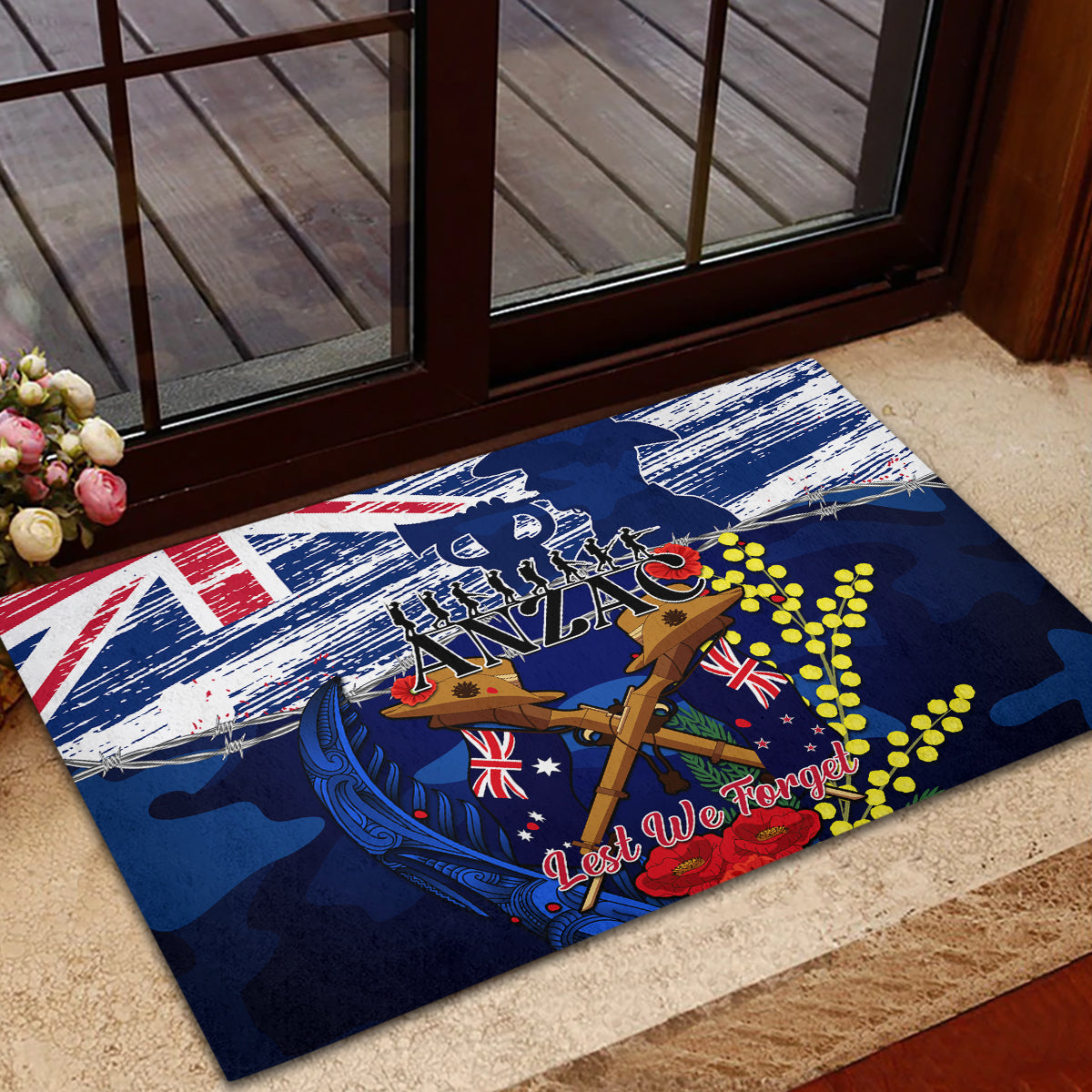 Australia And New Zealand ANZAC Day Rubber Doormat Lest We Forget Silver Fern With Golden Wattle LT14 - Polynesian Pride