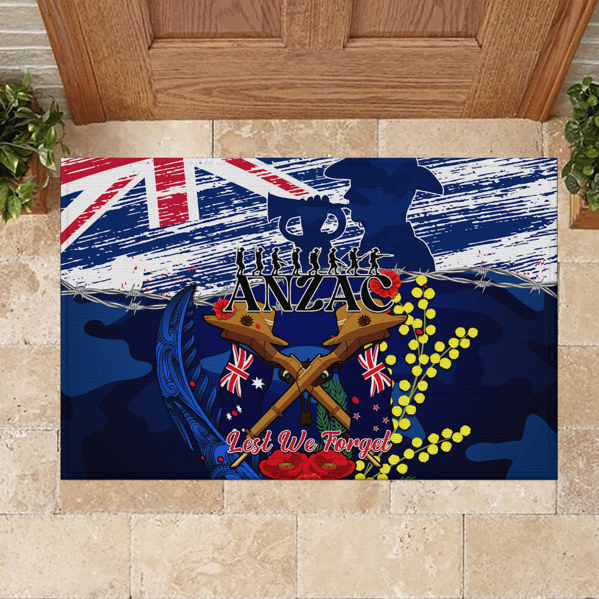 Australia And New Zealand ANZAC Day Rubber Doormat Lest We Forget Silver Fern With Golden Wattle LT14 - Polynesian Pride