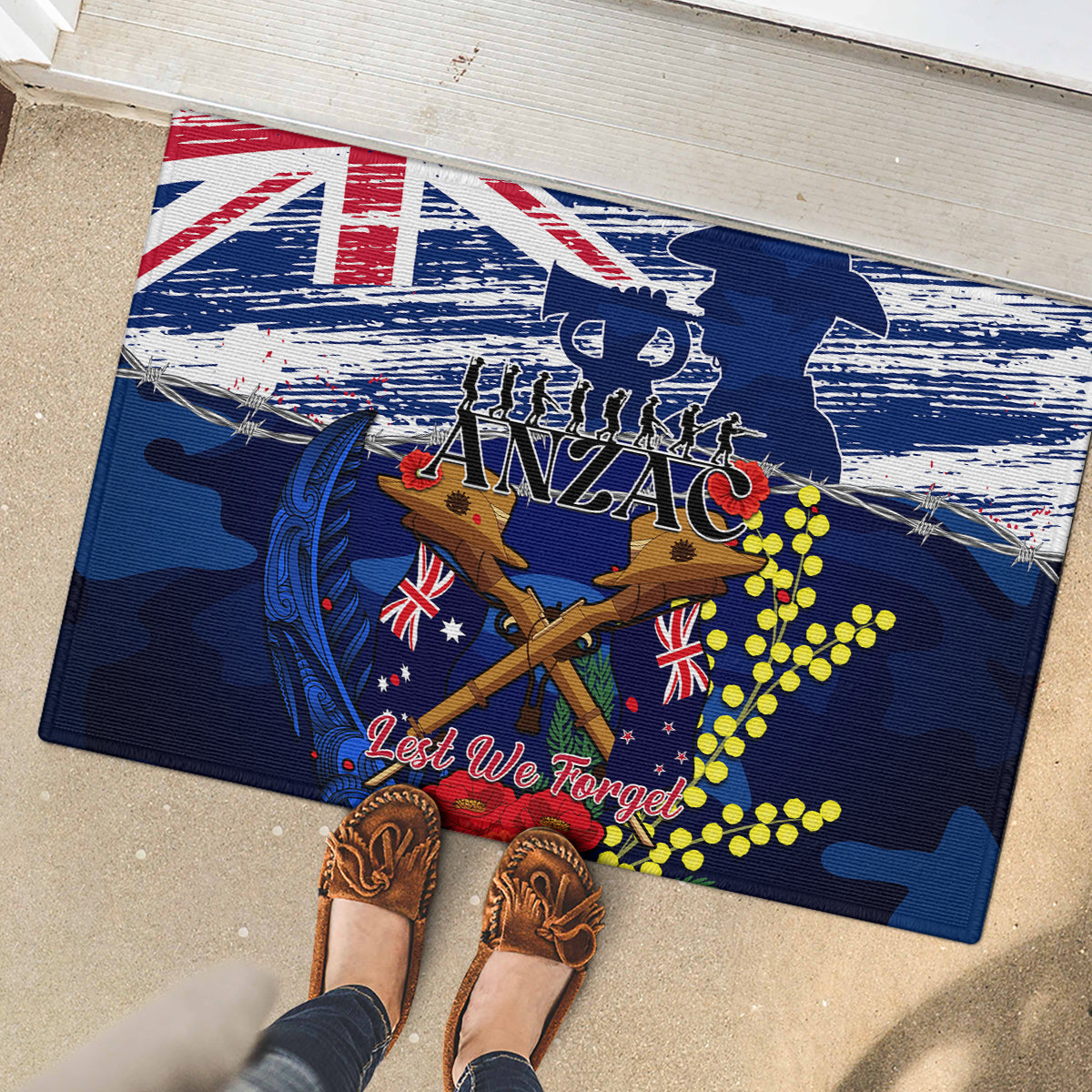 Australia And New Zealand ANZAC Day Rubber Doormat Lest We Forget Silver Fern With Golden Wattle LT14 - Polynesian Pride