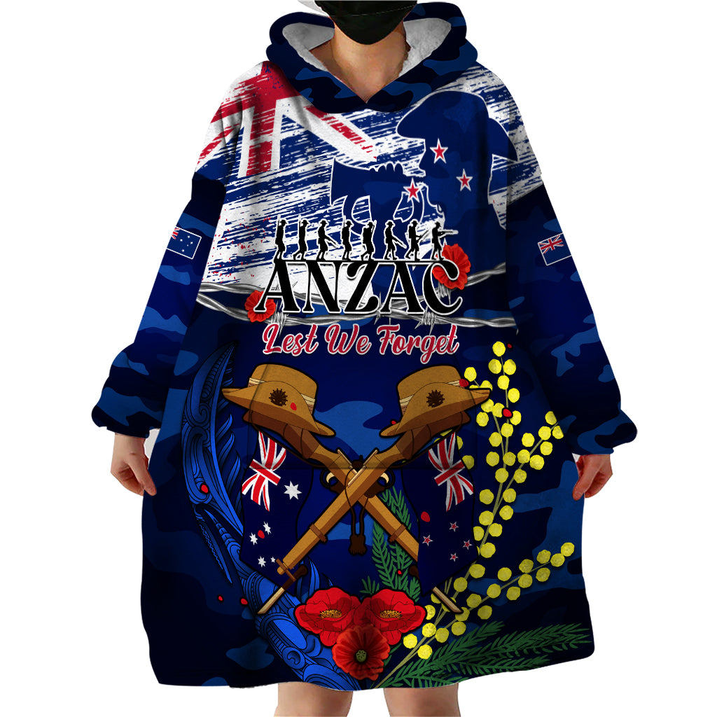Australia And New Zealand ANZAC Day Wearable Blanket Hoodie Lest We Forget Silver Fern With Golden Wattle LT14 - Polynesian Pride