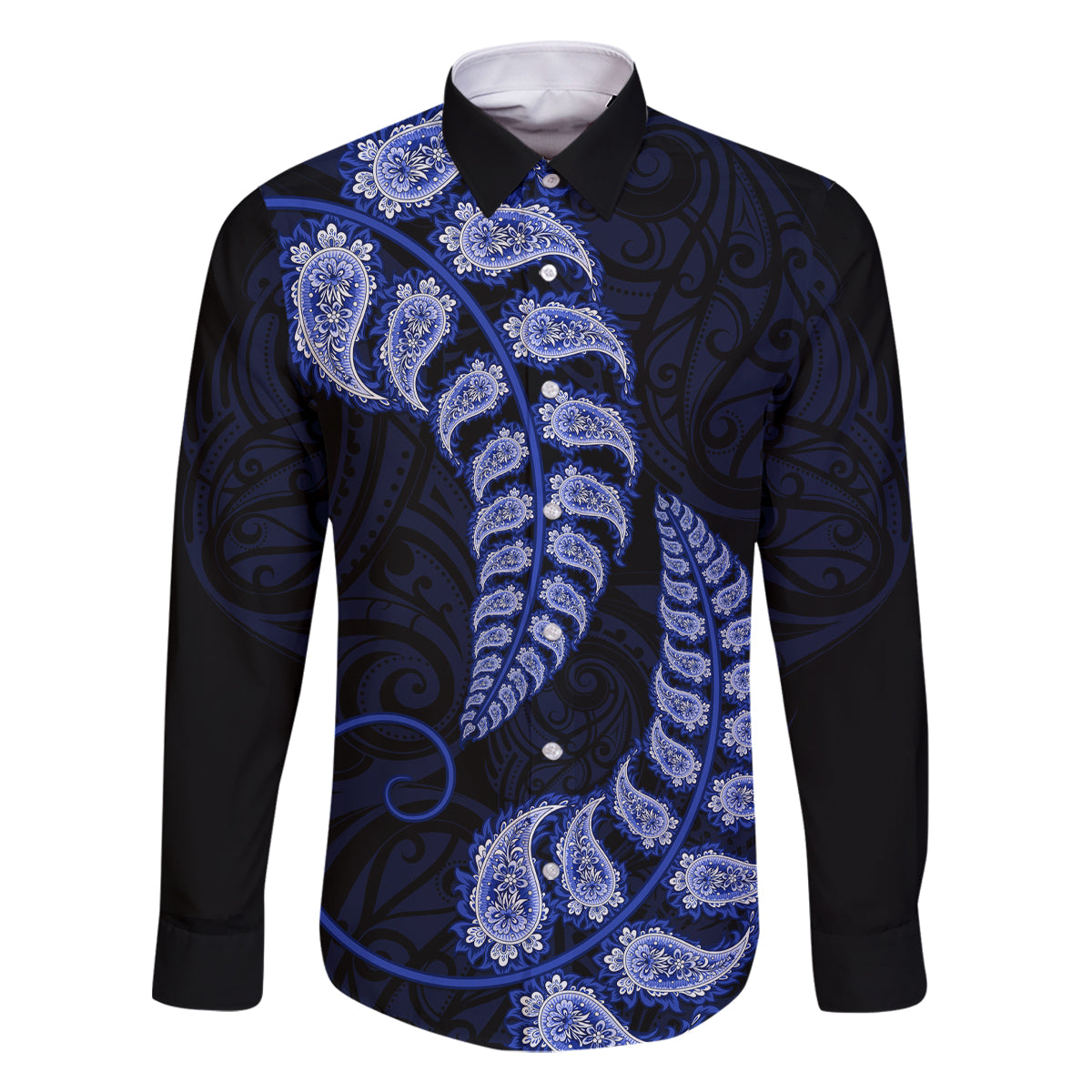 Blue New Zealand Paisley Silver Fern Family Matching Mermaid Dress and Hawaiian Shirt Aotearoa Maori LT14 Dad's Shirt - Long Sleeve Blue - Polynesian Pride