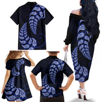 Blue New Zealand Paisley Silver Fern Family Matching Off Shoulder Long Sleeve Dress and Hawaiian Shirt Aotearoa Maori LT14 - Polynesian Pride