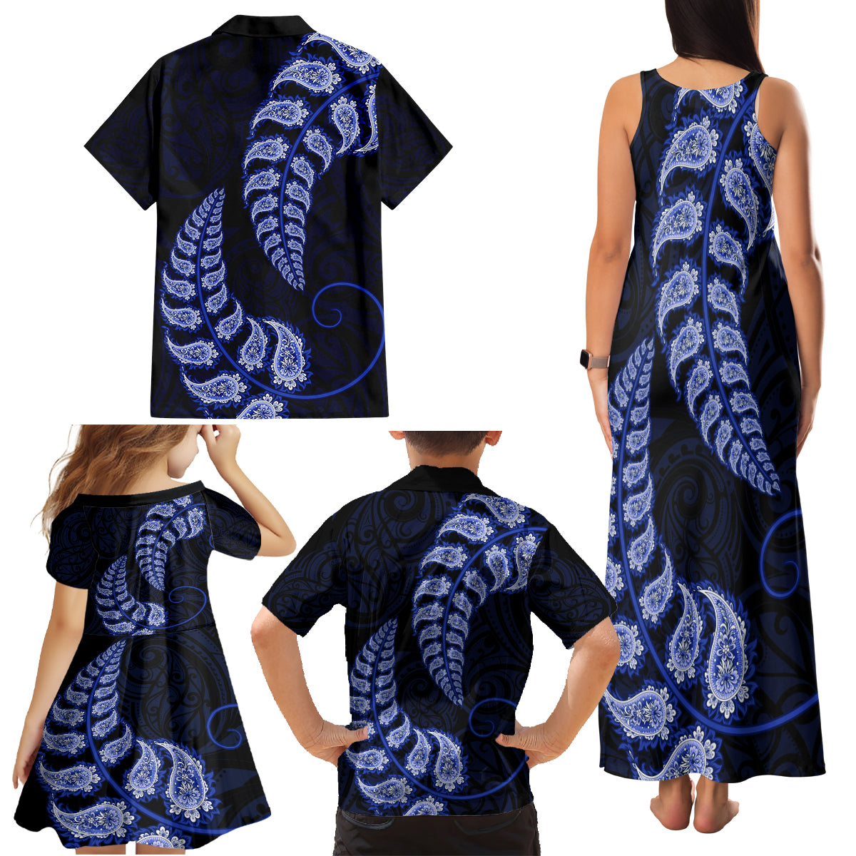 Blue New Zealand Paisley Silver Fern Family Matching Tank Maxi Dress and Hawaiian Shirt Aotearoa Maori LT14 - Polynesian Pride