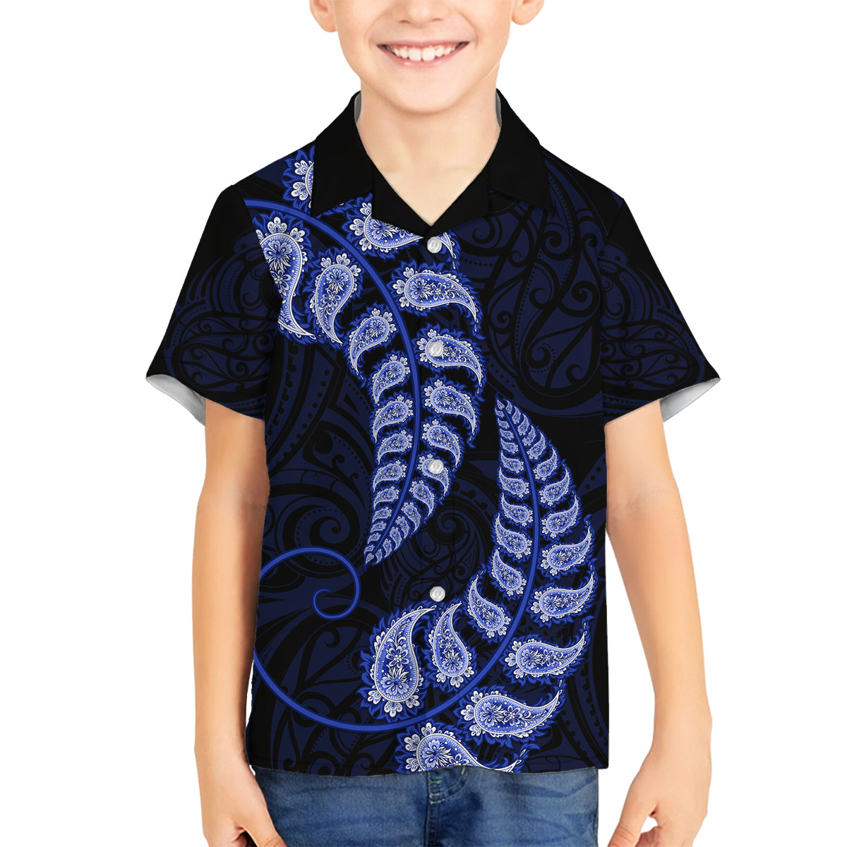 Blue New Zealand Paisley Silver Fern Family Matching Tank Maxi Dress and Hawaiian Shirt Aotearoa Maori LT14 Son's Shirt Blue - Polynesian Pride