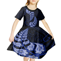 Blue New Zealand Paisley Silver Fern Kid Short Sleeve Dress Aotearoa Maori LT14 - Polynesian Pride