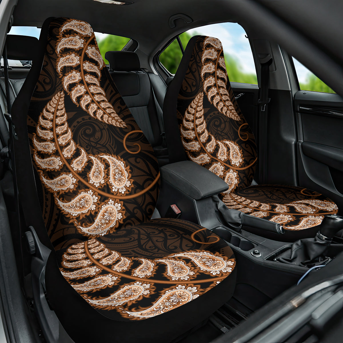 Brown New Zealand Paisley Silver Fern Car Seat Cover Aotearoa Maori LT14 One Size Brown - Polynesian Pride