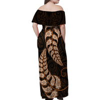 Brown New Zealand Paisley Silver Fern Family Matching Off Shoulder Maxi Dress and Hawaiian Shirt Aotearoa Maori LT14 - Polynesian Pride