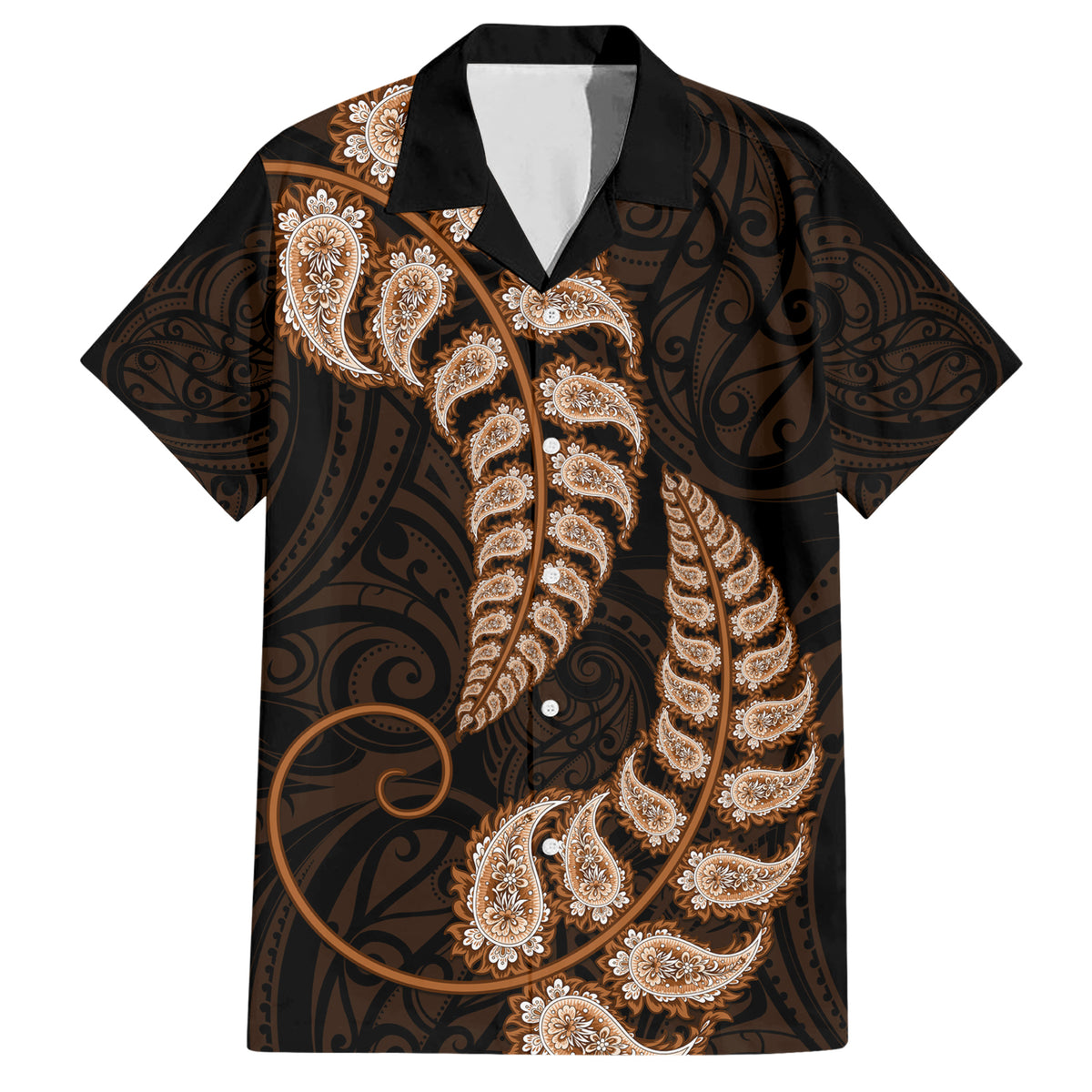 Brown New Zealand Paisley Silver Fern Family Matching Short Sleeve Bodycon Dress and Hawaiian Shirt Aotearoa Maori LT14 Dad's Shirt - Short Sleeve Brown - Polynesian Pride