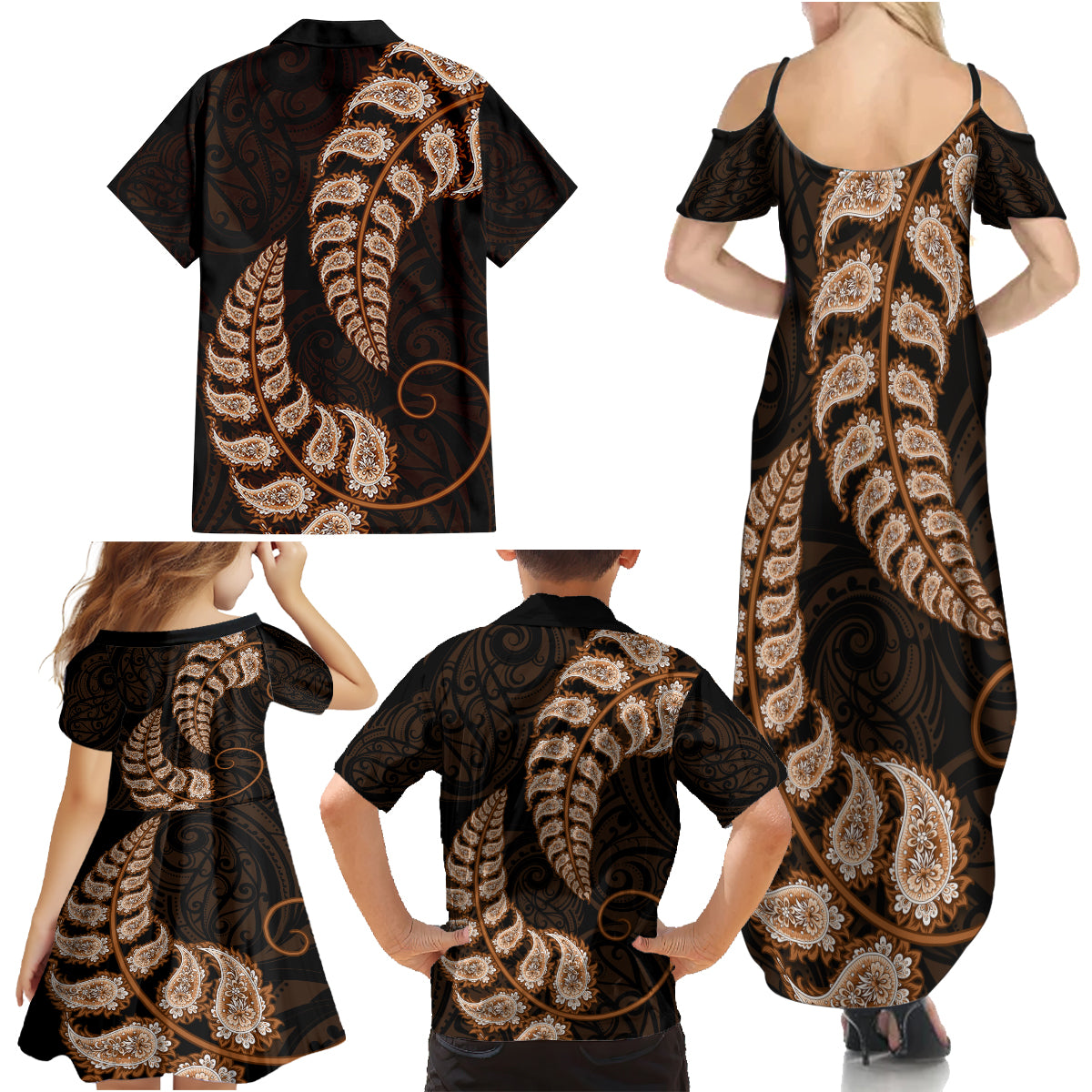 Brown New Zealand Paisley Silver Fern Family Matching Summer Maxi Dress and Hawaiian Shirt Aotearoa Maori LT14 - Polynesian Pride