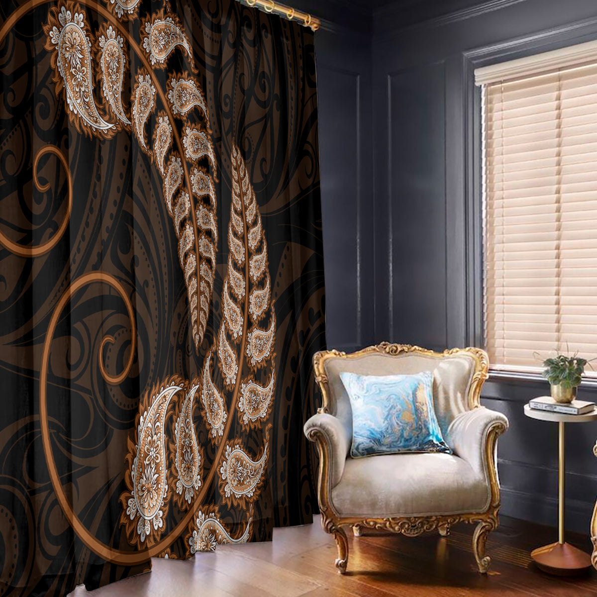 Brown New Zealand Paisley Silver Fern Window Curtain Aotearoa Maori LT14 - Polynesian Pride