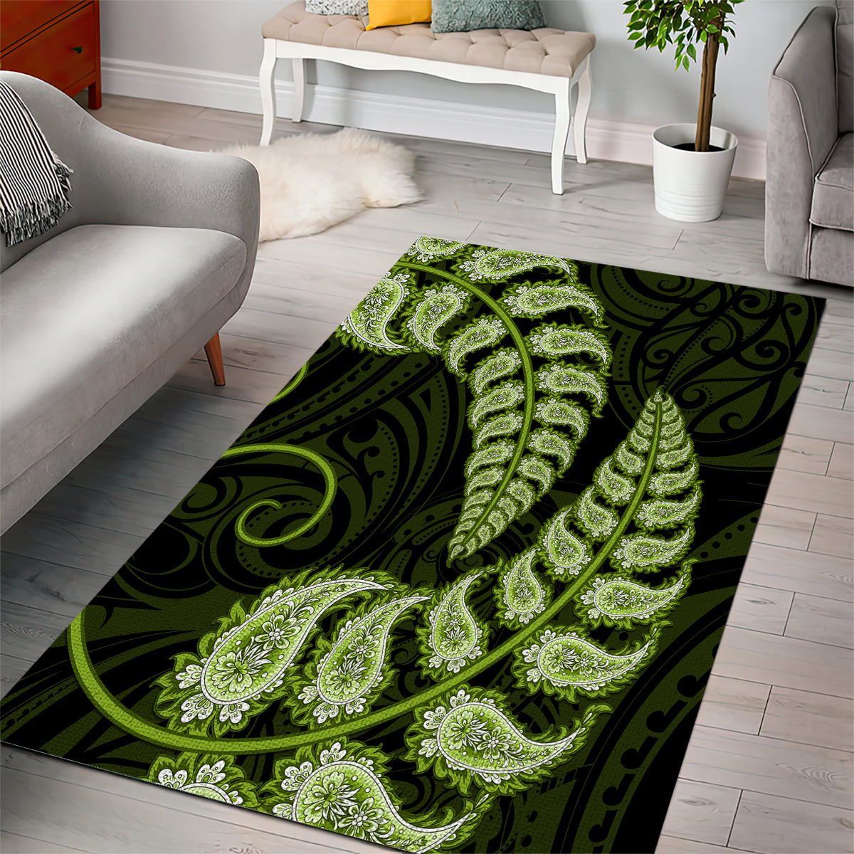 Green New Zealand Paisley Silver Fern Area Rug Aotearoa Maori LT14 - Polynesian Pride