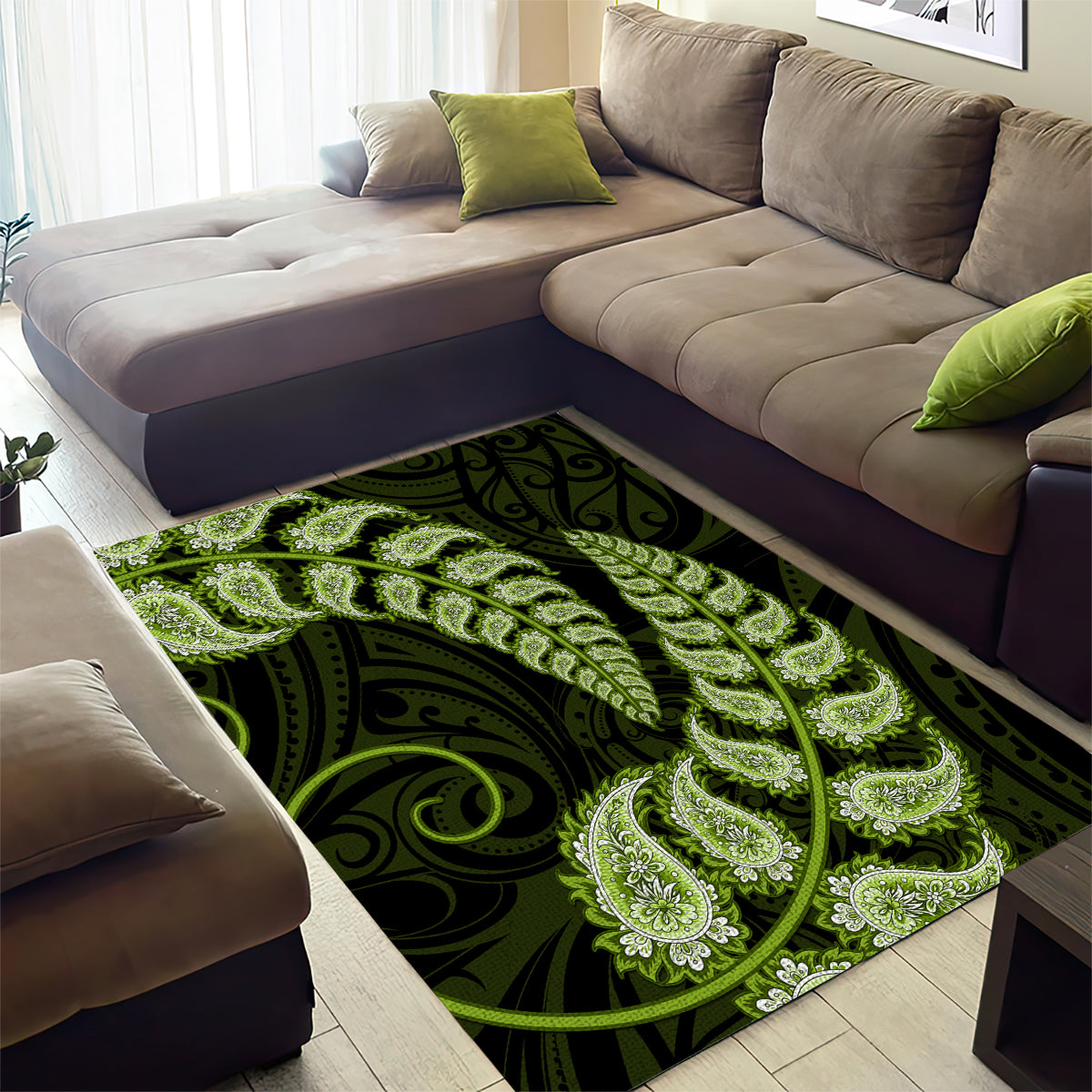 Green New Zealand Paisley Silver Fern Area Rug Aotearoa Maori LT14 - Polynesian Pride