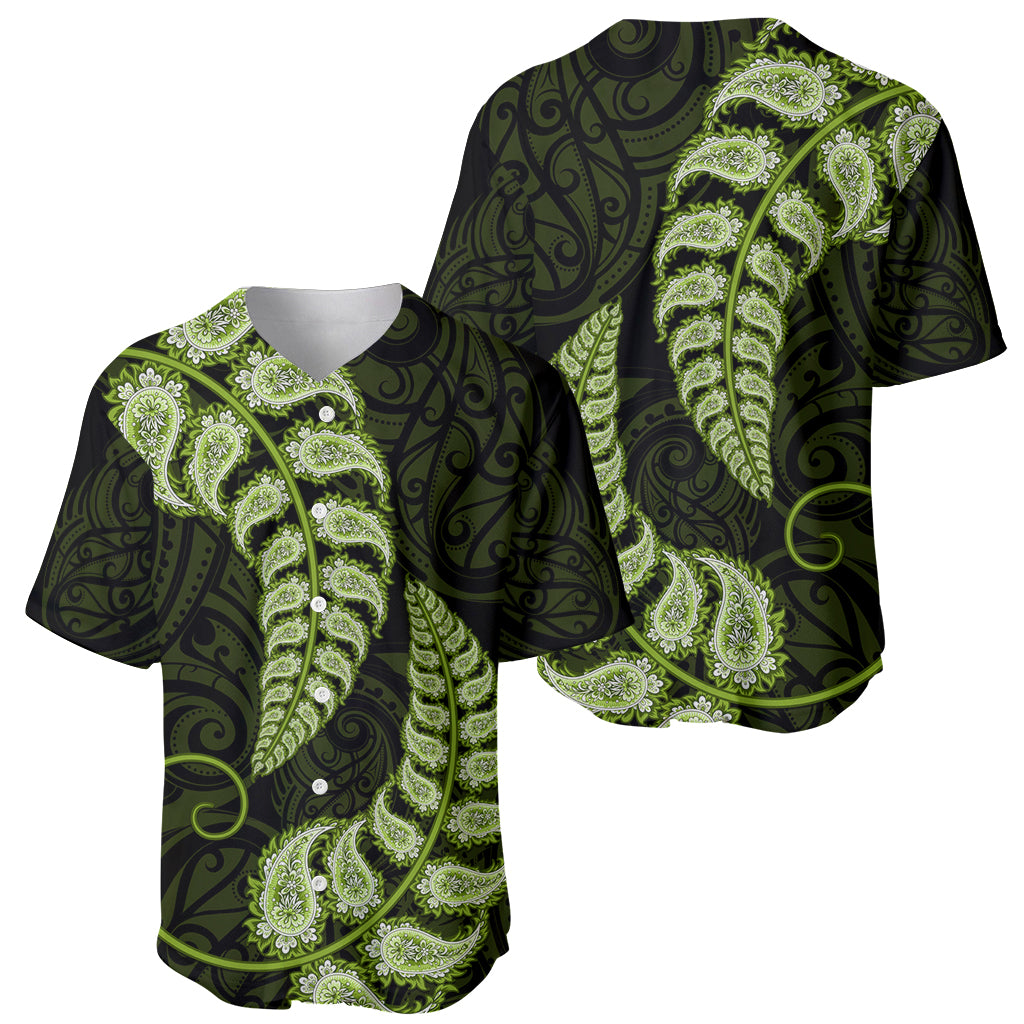 Green New Zealand Paisley Silver Fern Baseball Jersey Aotearoa Maori LT14 - Polynesian Pride