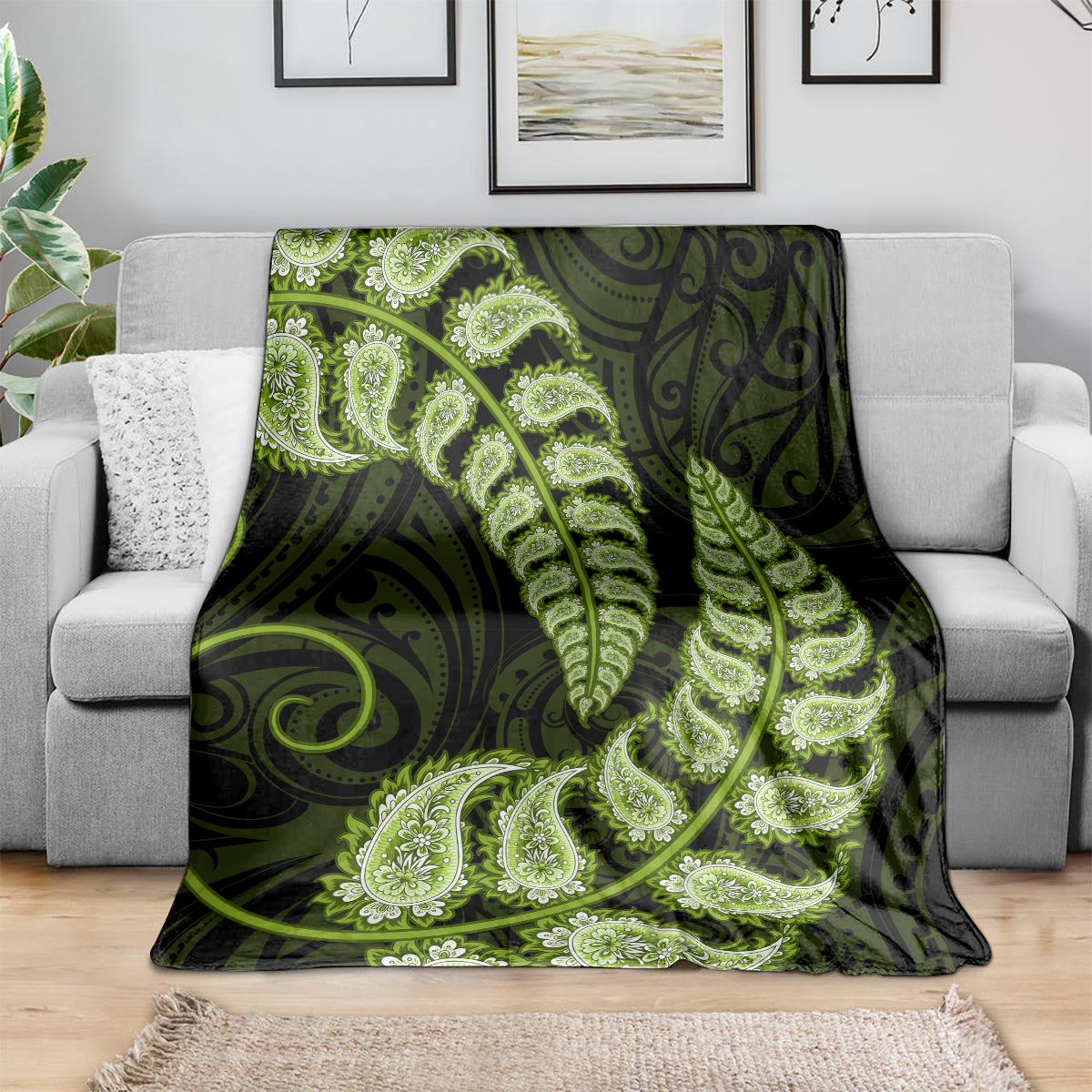 Green New Zealand Paisley Silver Fern Blanket Aotearoa Maori LT14 - Polynesian Pride