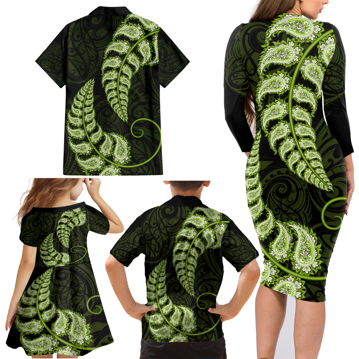 Green New Zealand Paisley Silver Fern Family Matching Long Sleeve Bodycon Dress and Hawaiian Shirt Aotearoa Maori LT14 - Polynesian Pride