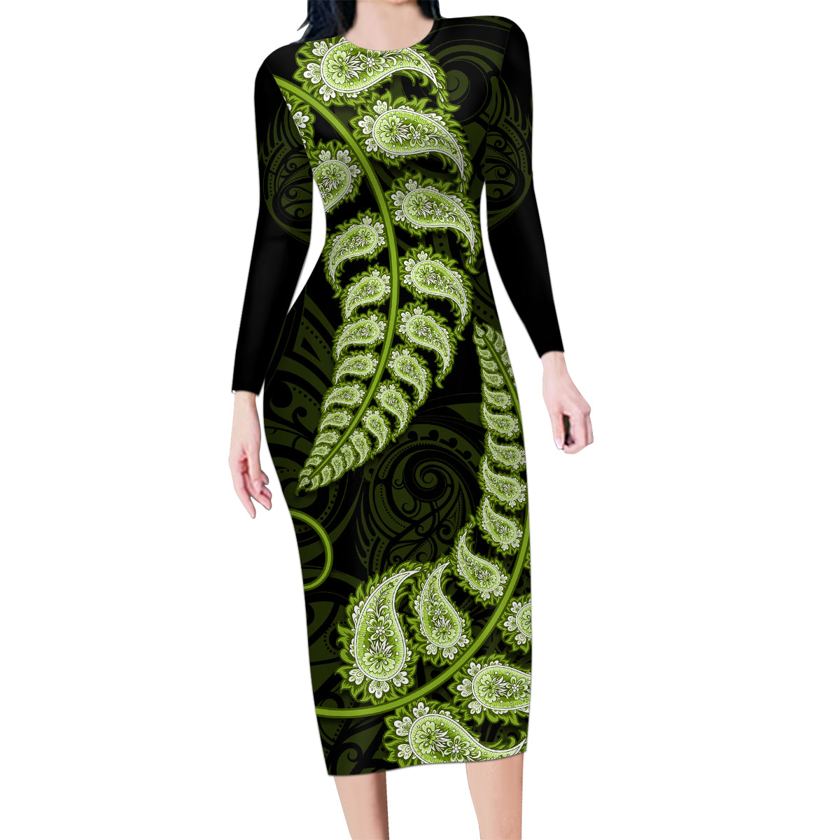 Green New Zealand Paisley Silver Fern Family Matching Long Sleeve Bodycon Dress and Hawaiian Shirt Aotearoa Maori LT14 Mom's Dress Green - Polynesian Pride