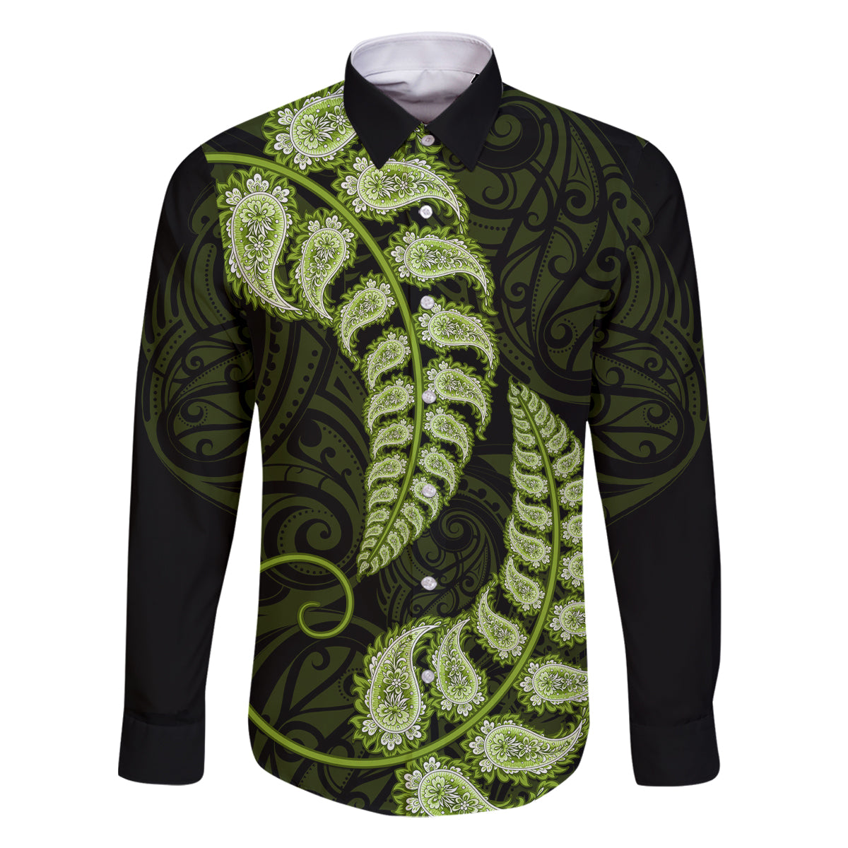 Green New Zealand Paisley Silver Fern Family Matching Tank Maxi Dress and Hawaiian Shirt Aotearoa Maori LT14 Dad's Shirt - Long Sleeve Green - Polynesian Pride