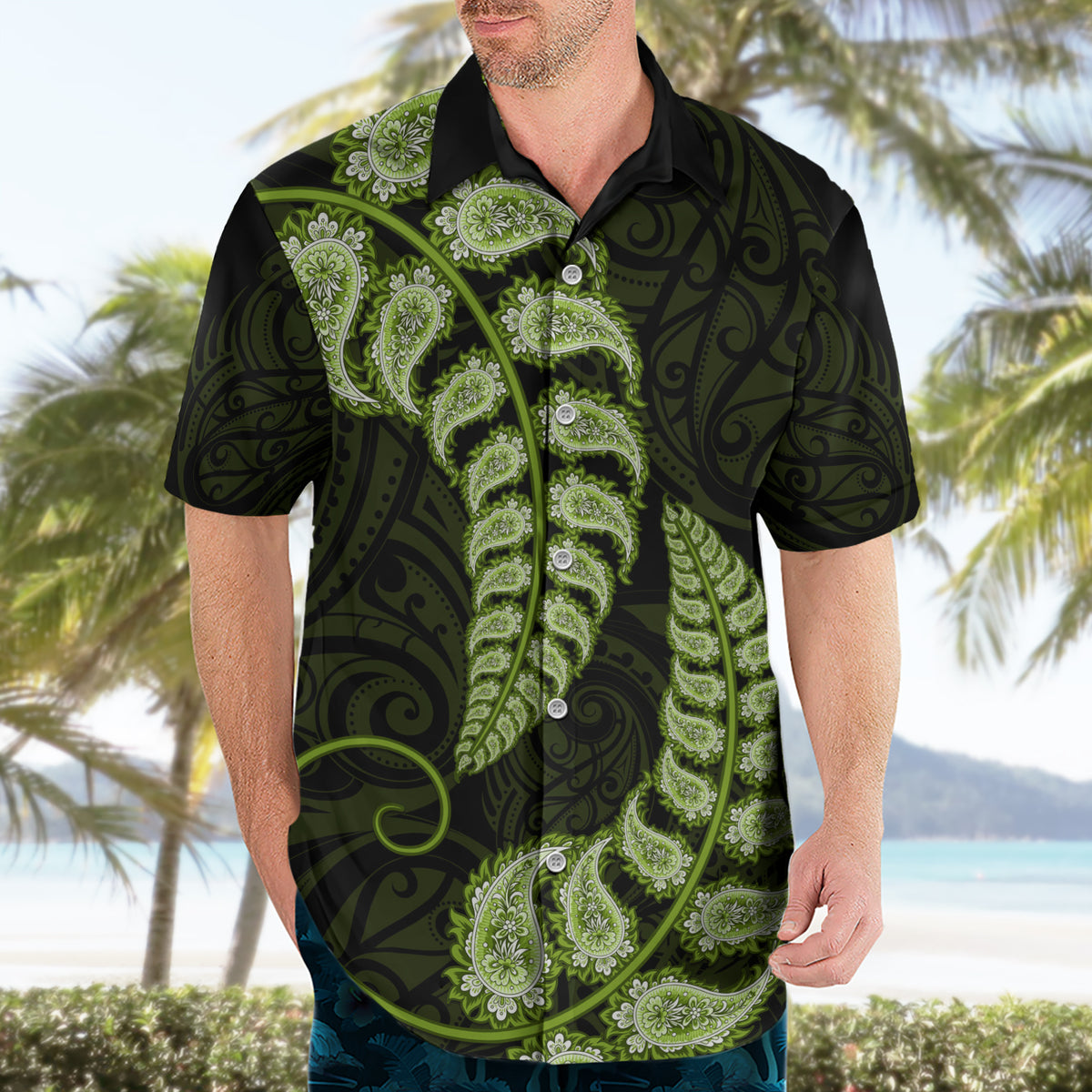 Green New Zealand Paisley Silver Fern Hawaiian Shirt Aotearoa Maori LT14 - Polynesian Pride