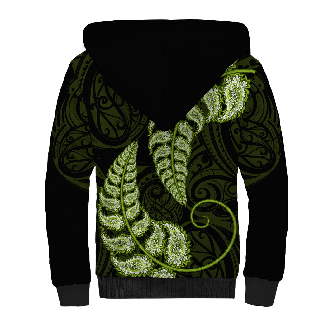 Green New Zealand Paisley Silver Fern Sherpa Hoodie Aotearoa Maori LT14 - Polynesian Pride