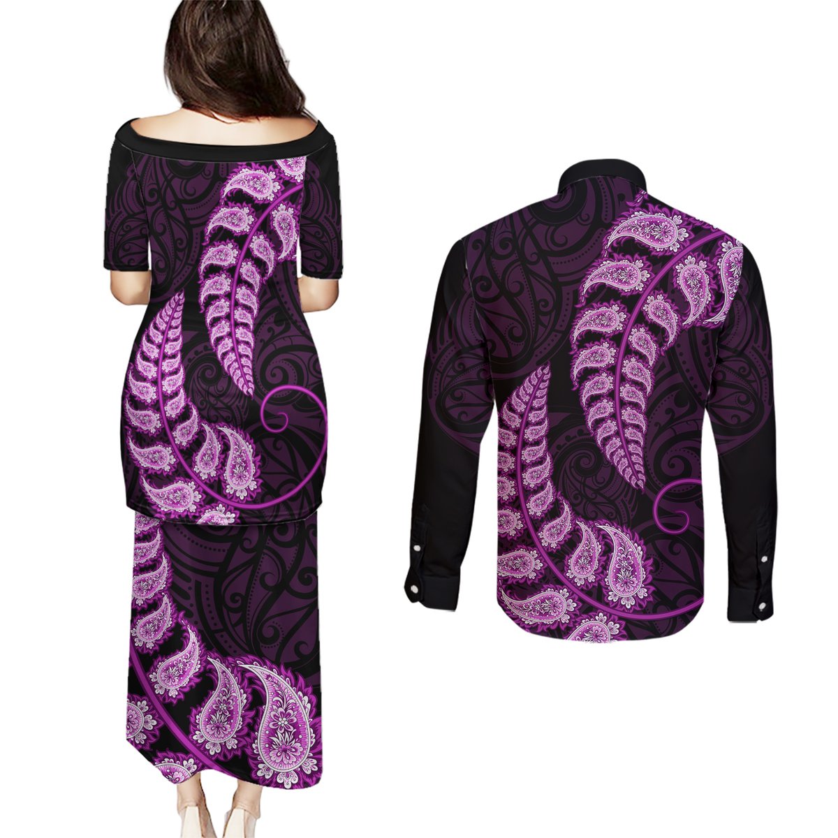 Purple New Zealand Paisley Silver Fern Couples Matching Puletasi Dress and Long Sleeve Button Shirt Aotearoa Maori LT14 - Polynesian Pride
