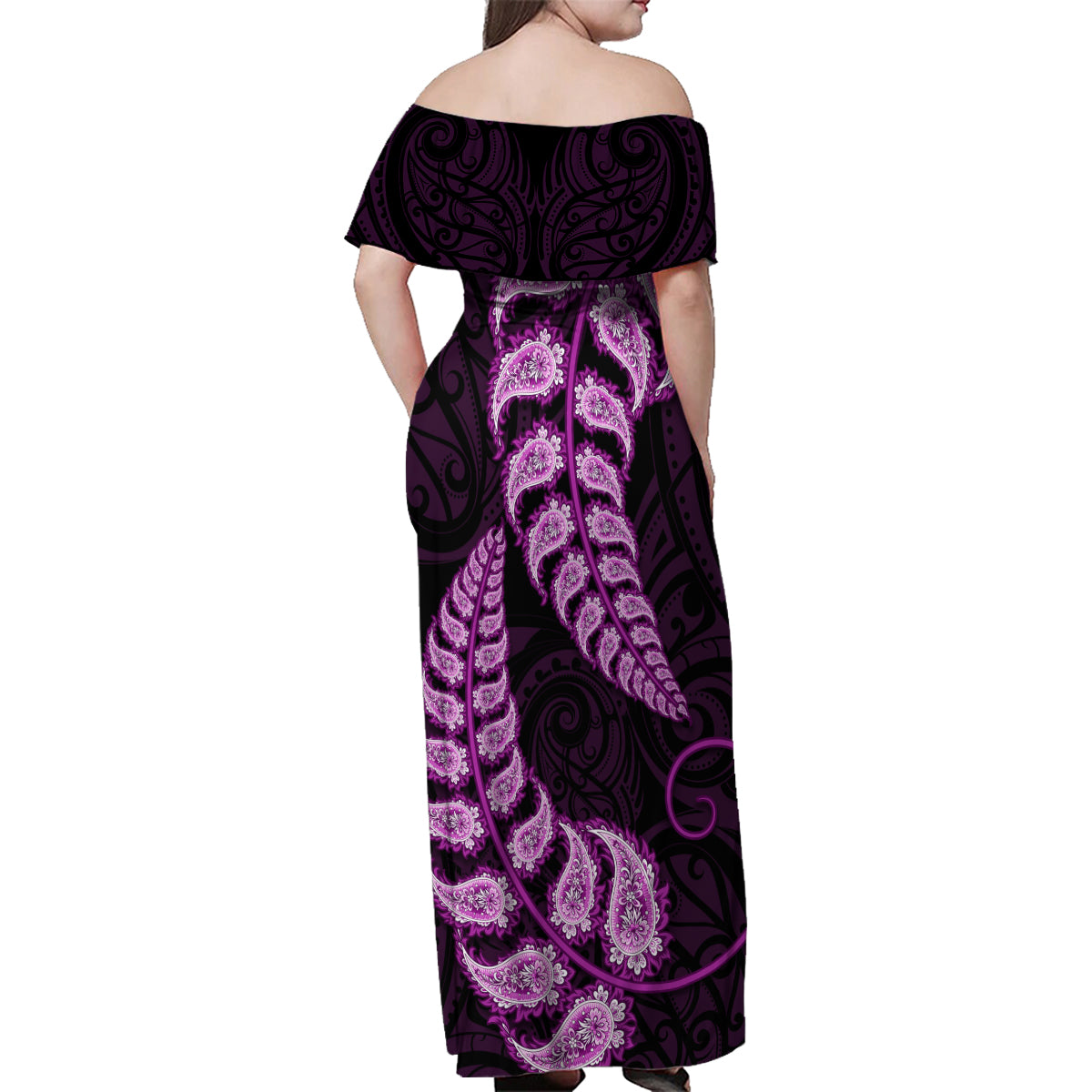 Purple New Zealand Paisley Silver Fern Family Matching Off Shoulder Maxi Dress and Hawaiian Shirt Aotearoa Maori LT14 - Polynesian Pride