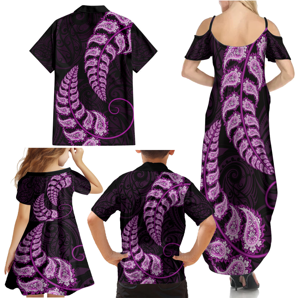 Purple New Zealand Paisley Silver Fern Family Matching Summer Maxi Dress and Hawaiian Shirt Aotearoa Maori LT14 - Polynesian Pride
