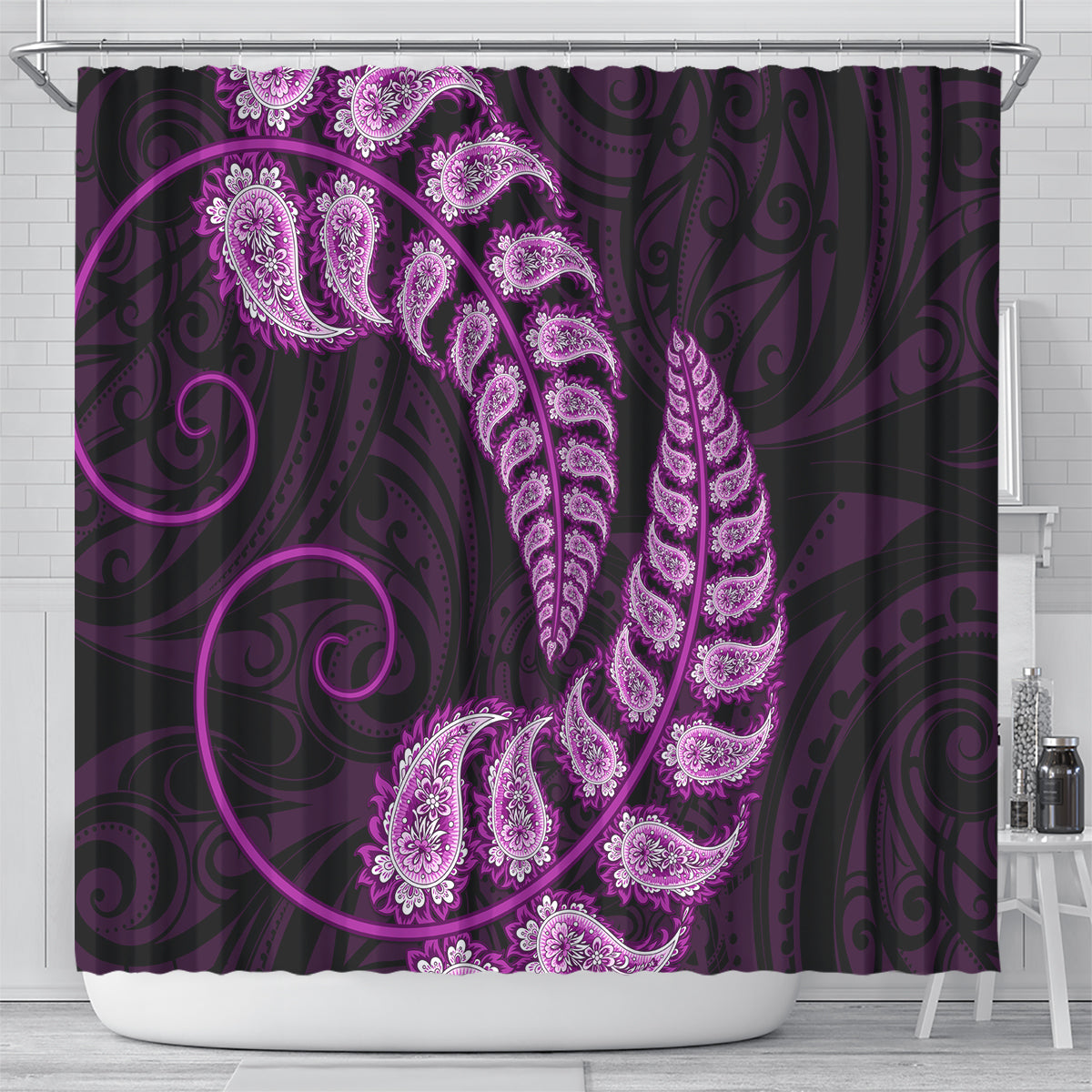 Purple New Zealand Paisley Silver Fern Shower Curtain Aotearoa Maori LT14 - Polynesian Pride