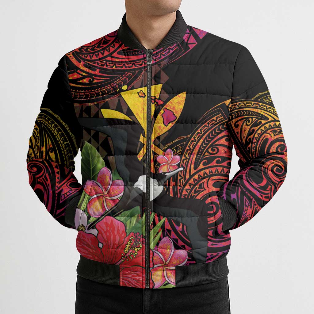 Hawaii Iwa Bird Bomber Puffer Jacket Great Frigatebird Kanaka Tropical Hippie Style - Polynesian Pride
