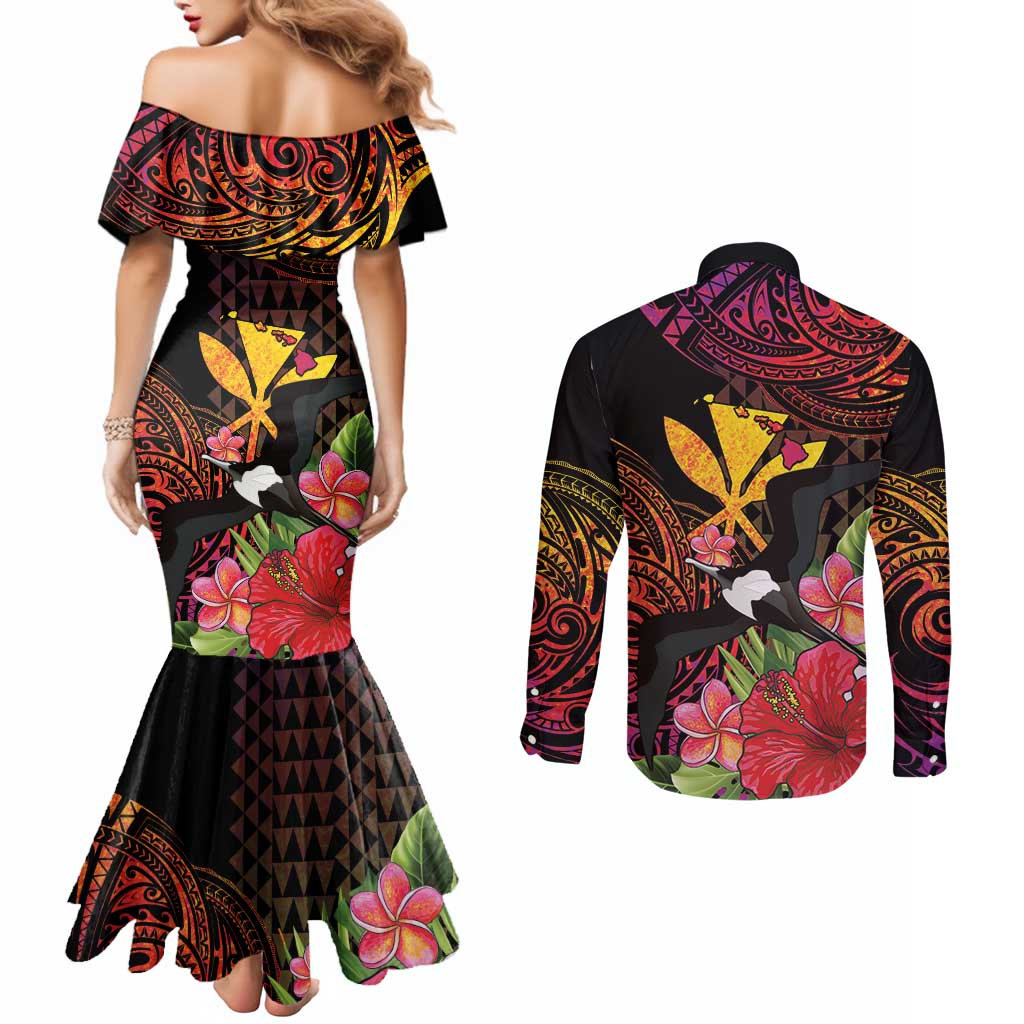 Hawaii Iwa Bird Couples Matching Mermaid Dress and Long Sleeve Button Shirt Great Frigatebird Kanaka Tropical Hippie Style - Polynesian Pride
