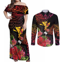 Hawaii Iwa Bird Couples Matching Off Shoulder Maxi Dress and Long Sleeve Button Shirt Great Frigatebird Kanaka Tropical Hippie Style - Polynesian Pride