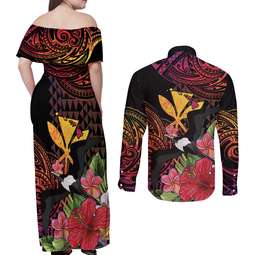 Hawaii Iwa Bird Couples Matching Off Shoulder Maxi Dress and Long Sleeve Button Shirt Great Frigatebird Kanaka Tropical Hippie Style - Polynesian Pride