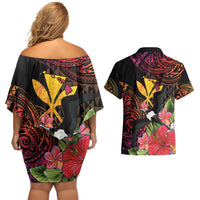 Hawaii Iwa Bird Couples Matching Off Shoulder Short Dress and Hawaiian Shirt Great Frigatebird Kanaka Tropical Hippie Style - Polynesian Pride