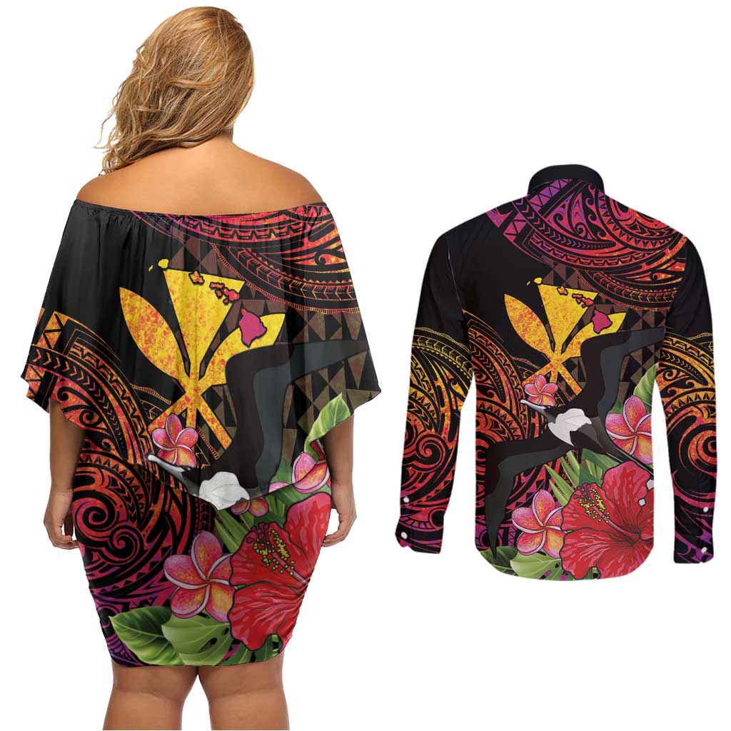 Hawaii Iwa Bird Couples Matching Off Shoulder Short Dress and Long Sleeve Button Shirt Great Frigatebird Kanaka Tropical Hippie Style - Polynesian Pride