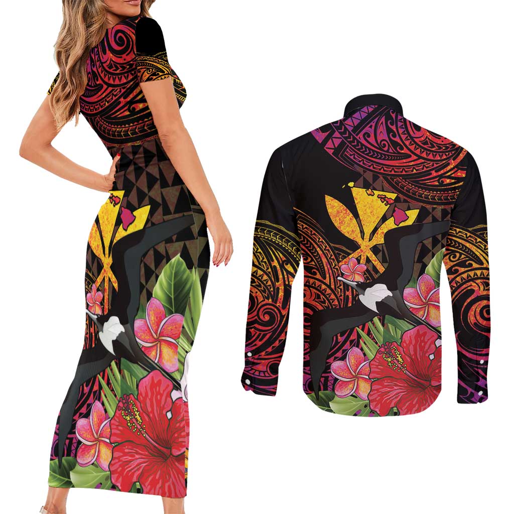 Hawaii Iwa Bird Couples Matching Short Sleeve Bodycon Dress and Long Sleeve Button Shirt Great Frigatebird Kanaka Tropical Hippie Style - Polynesian Pride